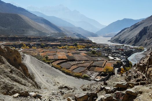 Nepal mountain town Kagbeni in a mountain valley in autumn