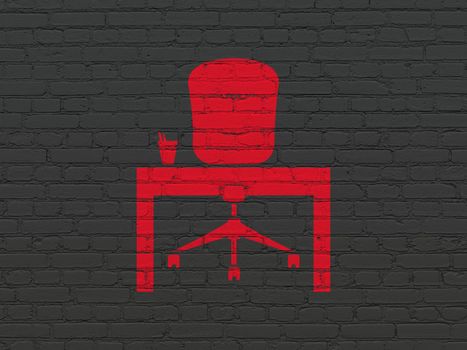 Finance concept: Painted red Office icon on Black Brick wall background