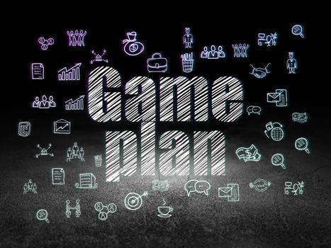 Business concept: Glowing text Game Plan,  Hand Drawn Business Icons in grunge dark room with Dirty Floor, black background