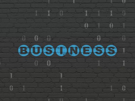 Business concept: Painted blue text Business on Black Brick wall background with Binary Code