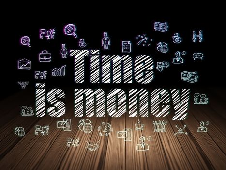 Business concept: Glowing text Time Is money,  Hand Drawn Business Icons in grunge dark room with Wooden Floor, black background