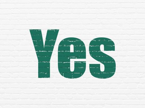 Finance concept: Painted green text Yes on White Brick wall background