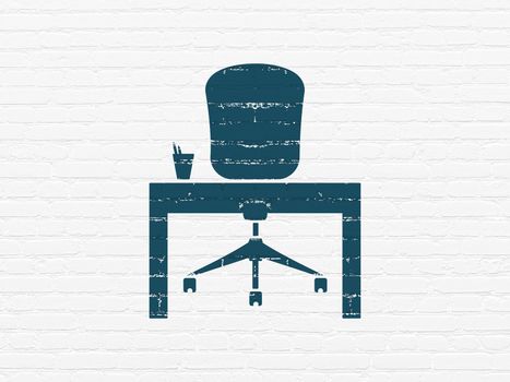 Finance concept: Painted blue Office icon on White Brick wall background