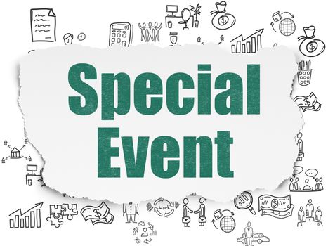 Business concept: Painted green text Special Event on Torn Paper background with  Hand Drawn Business Icons