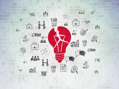 Business concept: Painted red Light Bulb icon on Digital Data Paper background with  Hand Drawn Business Icons