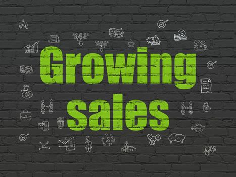 Finance concept: Painted green text Growing Sales on Black Brick wall background with  Hand Drawn Business Icons