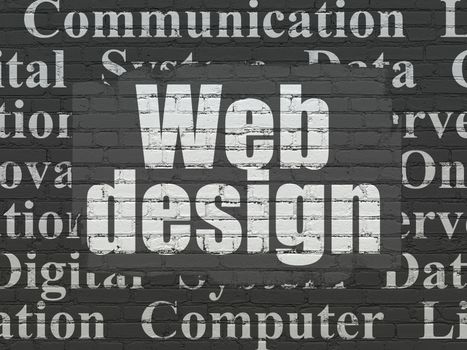 Web design concept: Painted white text Web Design on Black Brick wall background with  Tag Cloud