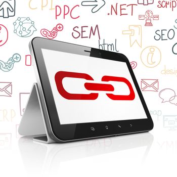 Web development concept: Tablet Computer with  red Link icon on display,  Hand Drawn Site Development Icons background, 3D rendering