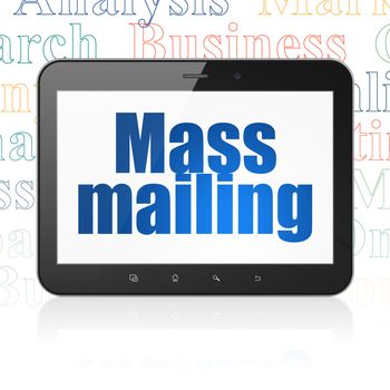 Marketing concept: Tablet Computer with  blue text Mass Mailing on display,  Tag Cloud background, 3D rendering