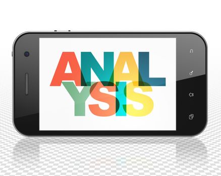 Advertising concept: Smartphone with Painted multicolor text Analysis on display, 3D rendering