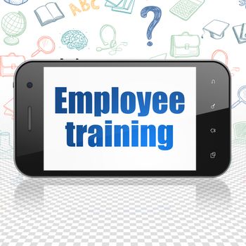 Studying concept: Smartphone with  blue text Employee Training on display,  Hand Drawn Education Icons background, 3D rendering