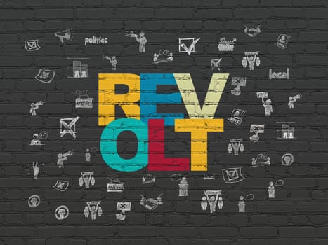 Political concept: Painted multicolor text Revolt on Black Brick wall background with  Hand Drawn Politics Icons
