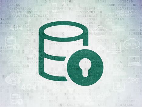 Programming concept: Painted green Database With Lock icon on Digital Data Paper background with Scheme Of Hand Drawn Programming Icons