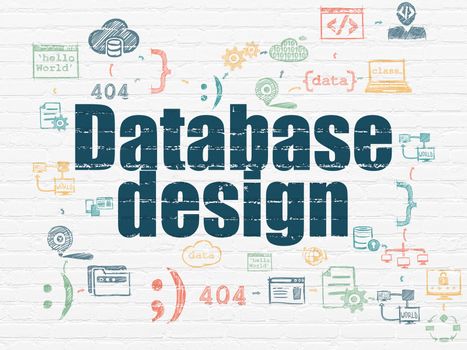 Database concept: Painted blue text Database Design on White Brick wall background with Scheme Of Hand Drawn Programming Icons