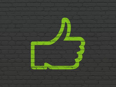 Social network concept: Painted green Thumb Up icon on Black Brick wall background