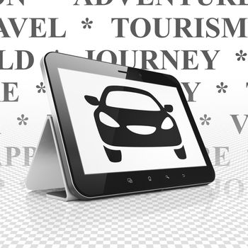 Vacation concept: Tablet Computer with  black Car icon on display,  Tag Cloud background, 3D rendering