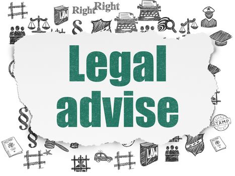 Law concept: Painted green text Legal Advise on Torn Paper background with  Hand Drawn Law Icons