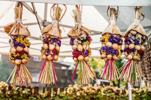 A bundle of onions and garlic at the fair in Kuldiga,Latvia