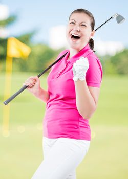 happy golfer jubilant on a background of golf courses with a golf club