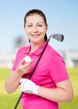 happy girl fan of playing golf, portrait on a background of golf courses