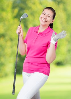 emotional girl happy after a game of golf on a background of golf courses