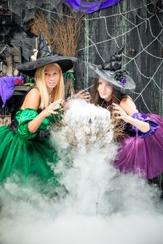 cute experienced witches cook a potion in the pot, steam is pouring from the boiler