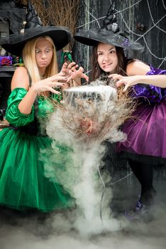 cheerful witches cook a potion for Halloween in the pot