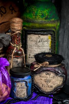 pots for making potions in the witch's storehouse close-up
