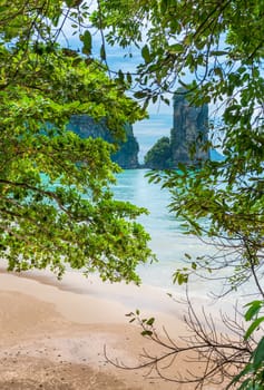 view through the tree to the beach and the rock on the Andaman coast