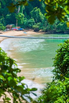 view of the beach and the pontoon through the trees