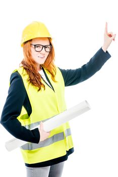 woman in vest and yellow helmet on white background in studio posing