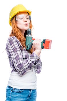 portrait in studio woman mastering real man's profession