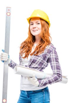 woman successful architect with blueprints and ruler on white background