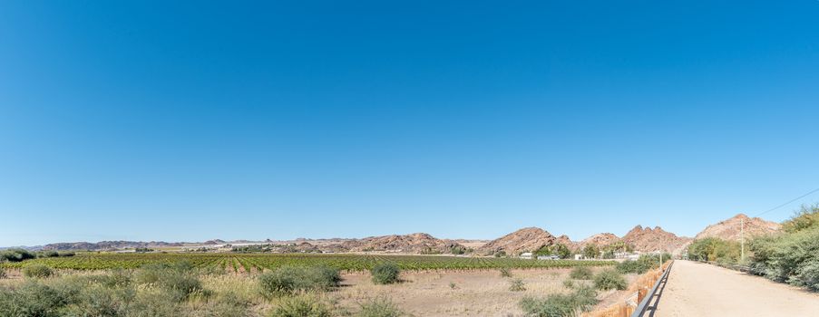 Panorama of the South African Border Post at Onseepkans and vineyards as seen from the bridge over the Gariep River on the border with Namibia