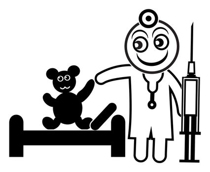 Sick bear getting treated by doctor holding syringes, educational teaching aid for children overcoming the fear of hospital and doctor