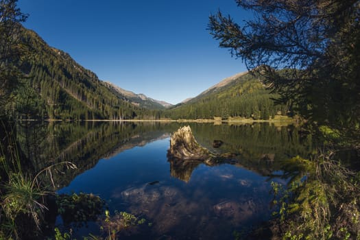 At the lake Ingeringsee in austria with blue sky