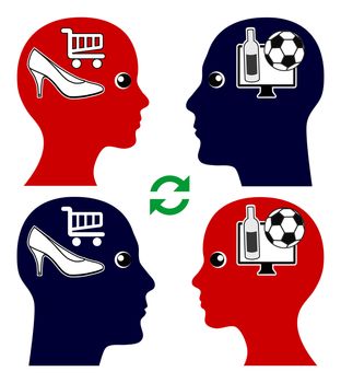 Man and woman try to understand each others point of view and desires, football versus shopping