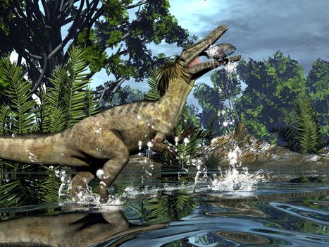 Austroraptor dinosaur fishing in a river next to gingko trees -3D render