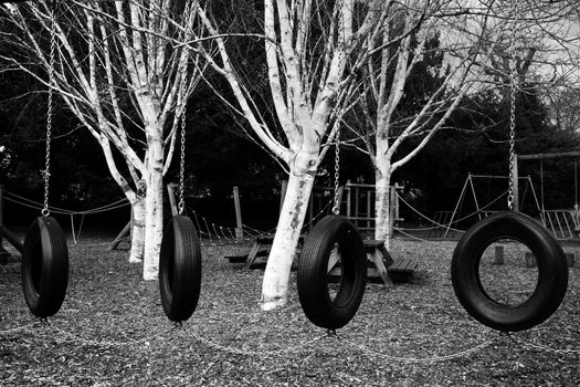 Swings made of tyres in a playground. In black and white.