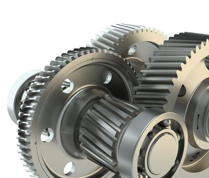 Cog gears mechanism concept. 3d illustration. Isolated on white