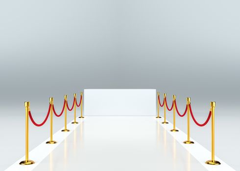 White glossy carpet with a barrier. White empty pedestal. 3d illustration