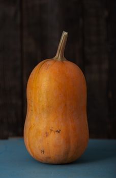 Orange pumpkin on a table. Vertical photo