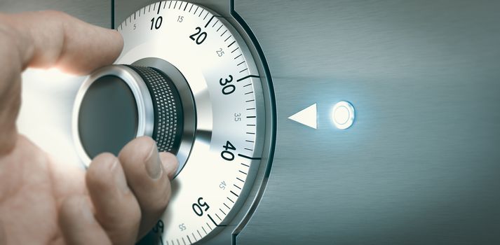 Close up of a hand unlocking a safe deposit box by turning a knob with numbers. Composite image between a hand photography and a 3D background.