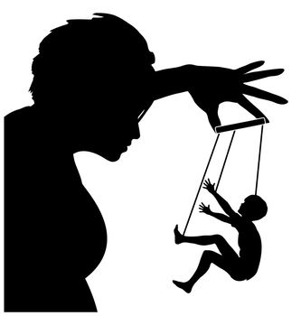 Concept sign of parent treating her child with coercion, threats or deceit like a marionette