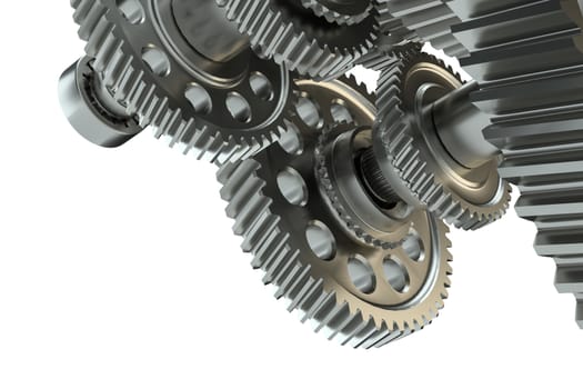 Engine gears wheels, closeup view. 3d illustration on white