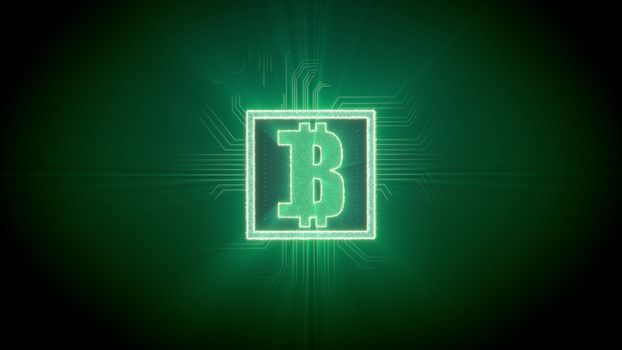 Imperial 3d illustration of a bitcoin shaped CPU in a bright square cross looking tubes around, sparkling lines in a cyberspace, in the dark green background. It looks dazzling and grand.