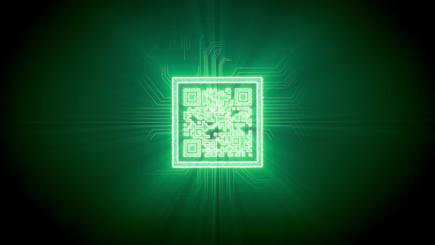 Brainteaser 3d rendering of a puzzle qr-code shaped CPU in a bright square with cross looking tubes around, shimmering lines in a cyberspace, in the dark green background. It looks great and gorgeous.