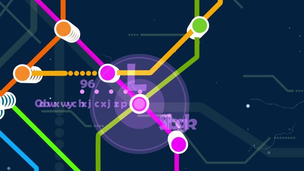 Hilarious 3d rendering of a metro map. It has a big center with an orange, yellow, red, blue, and green lines. It has heaps of nodes, some signs, digits, and letters.