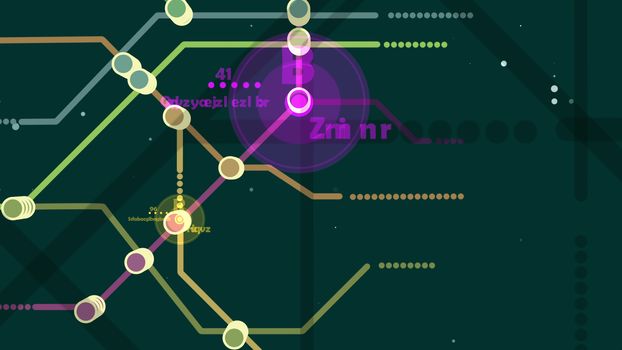Practical 3d illustration of a metro map. It has a big pink center with a brown, gray, blue lines. It has a number of round nodes, several signs, numbers, and letters.
