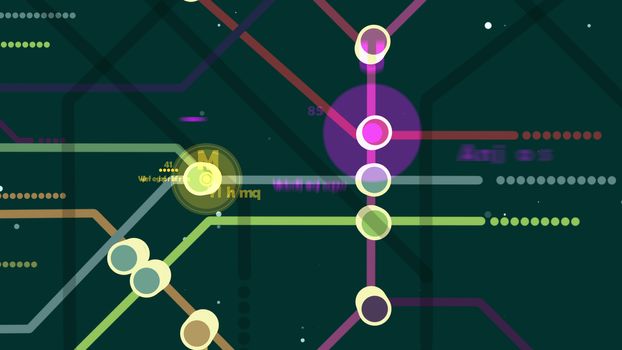 Artistic 3d rendering of a metro map. It contains two big violet and sand tint centers with a brown, gray, pink lines. It has nodes, signs, numbers, M letter, in the dark green background